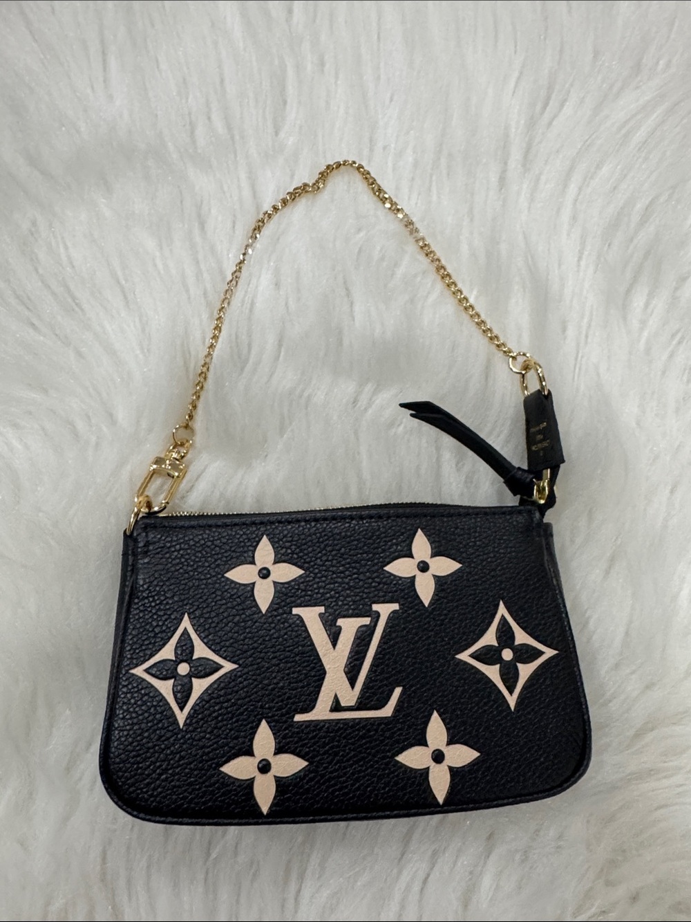 Louis Vuitton Black & Beige Monogram Mini Pochette with Gold Chain